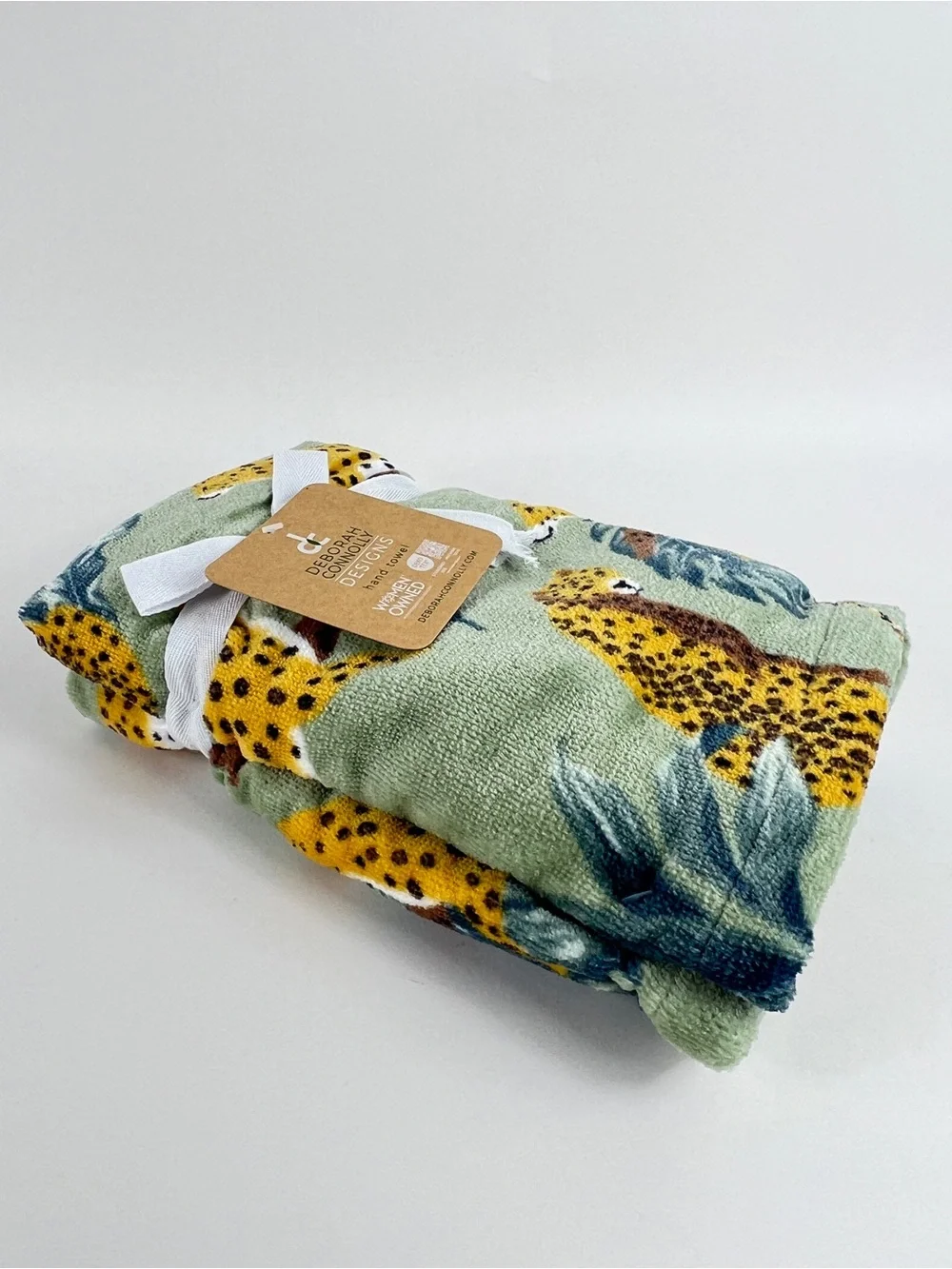Deborah Connolly Hand Towels Cheetah Print Green Brown Blue Soft Cotton 2 Pc NEW